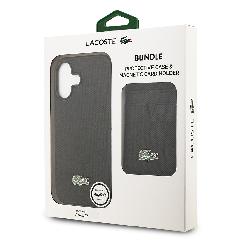 Apple iPhone 17 Kılıf Lacoste Orjinal Lisanslı M-safe Şarj Özellikli PU Pike Desenli Metal Logolu Kartlıklı Kapak