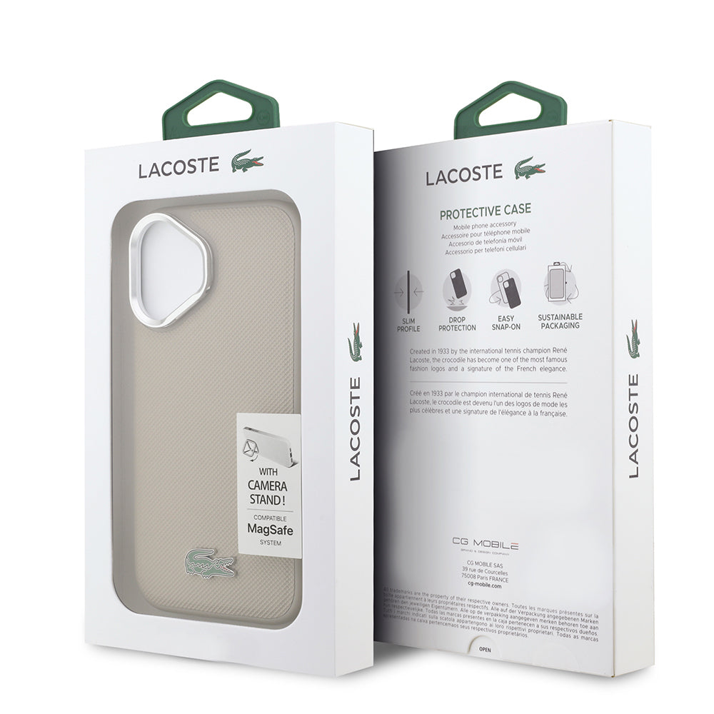 Apple iPhone 17 Kılıf Lacoste Orjinal Lisanslı M-safe Şarj Özellikli PU Pike Desenli Standlı Metal Logolu Kapak