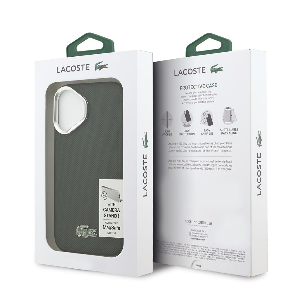 Apple iPhone 17 Kılıf Lacoste Orjinal Lisanslı M-safe Şarj Özellikli PU Pike Desenli Standlı Metal Logolu Kapak