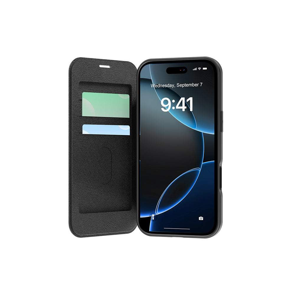 Apple iPhone 17 Kılıf M-Safe Şarj Özellikli Raptic Air Folio Şeffaf Kartlıklı Kapaklı Kılıf