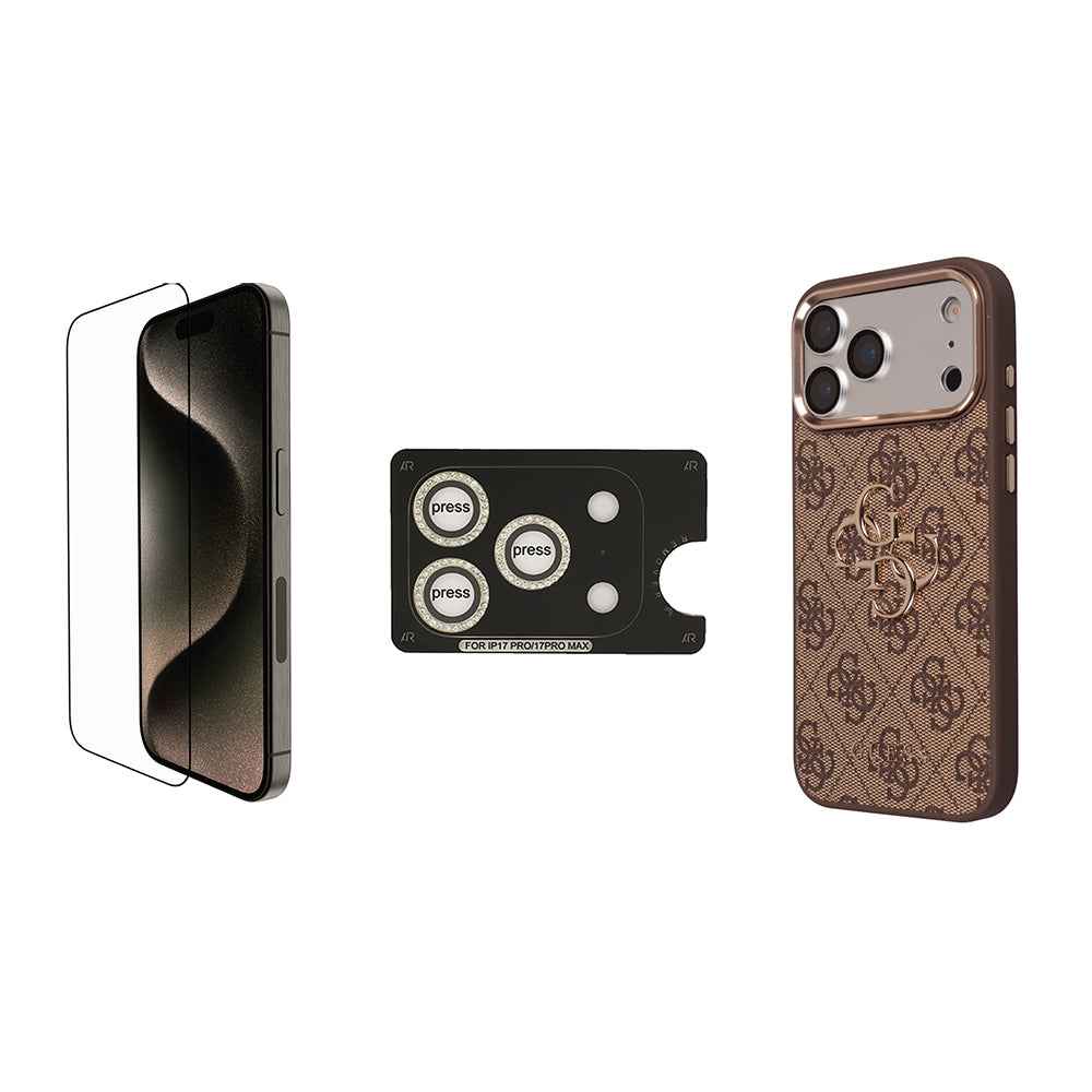 Apple iPhone 17 Pro Guess Orjinal Lisanslı Büyük 4G ve Yazı Logolu Kılıf + Ekran Koruyucu + Lens Koruyucu 3in1 Aksesuar Seti