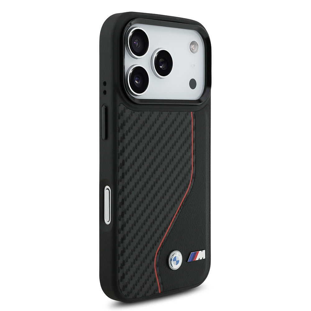 Apple iPhone 17 Pro Kılıf BMW Orjinal Lisanslı M-safe Şarj Özellikli Metal BMW ve M Logolu PU Karbon Tasarımlı Kapak