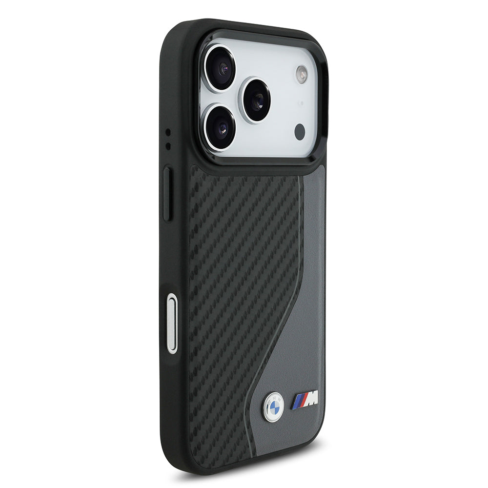 Apple iPhone 17 Pro Kılıf BMW Orjinal Lisanslı M-safe Şarj Özellikli Metal BMW ve M Logolu PU Karbon Tasarımlı Kapak