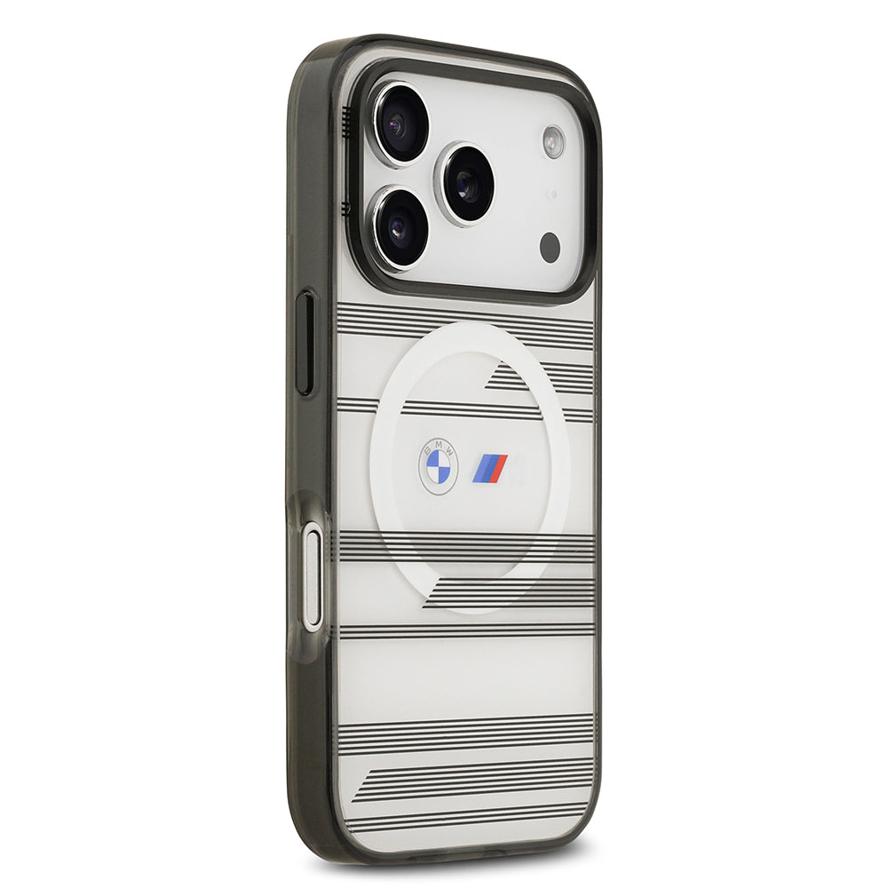 Apple iPhone 17 Pro Kılıf BMW Orjinal Lisanslı M-safe Şarj Özellikli Metal Kamera Butonlu Yatay Şeritli M Dizayn Kapak
