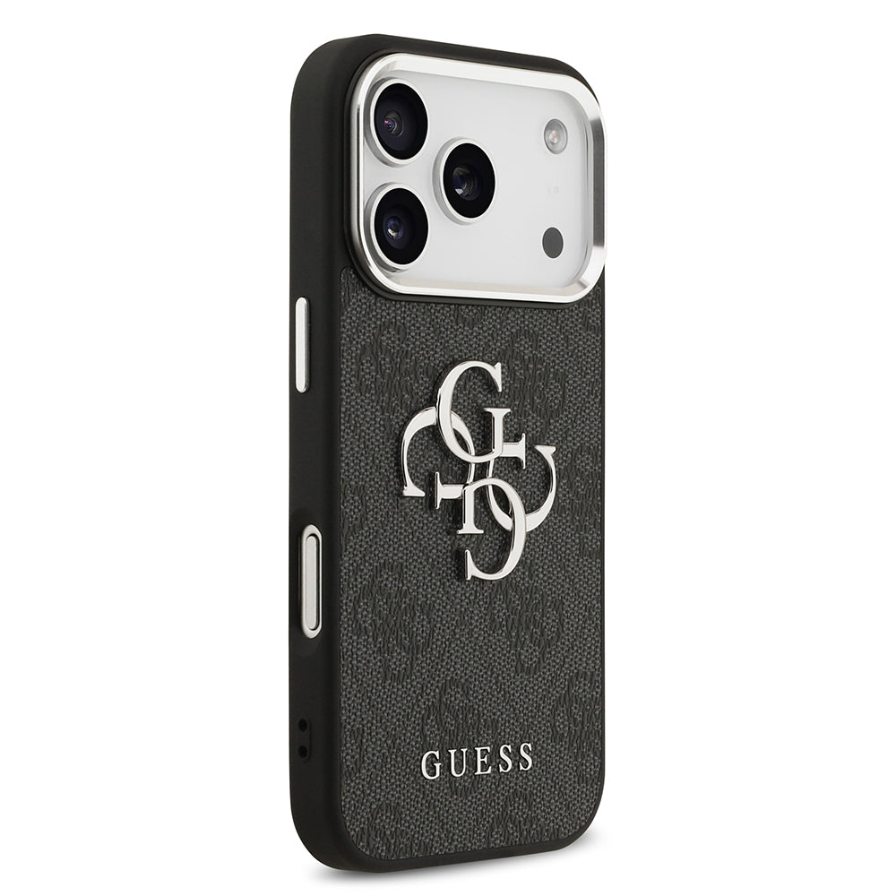 Apple iPhone 17 Pro Kılıf Guess Orjinal Lisanslı Gümüş Metal Kamera Çerçeveli 4G Desenli Metal Büyük 4G ve Yazı Logolu Kapak