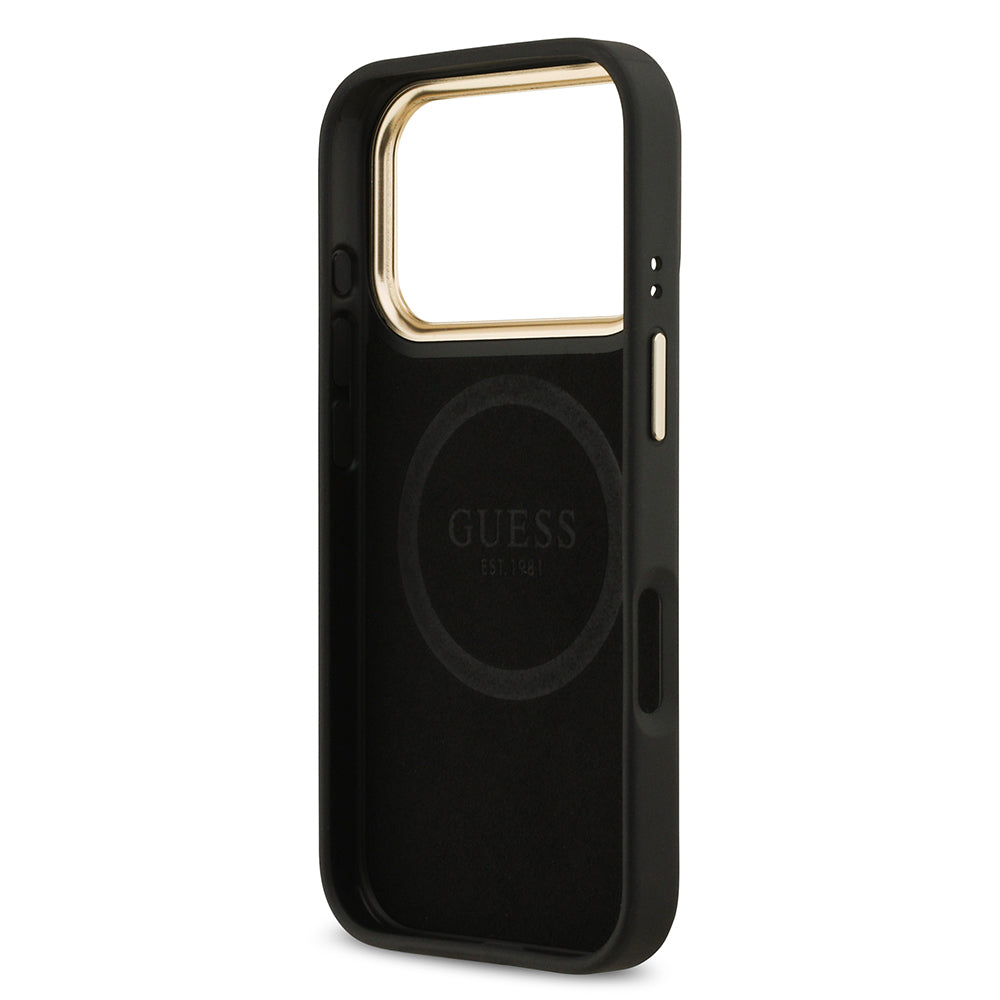 Apple iPhone 17 Pro Kılıf Guess Orjinal Lisanslı M-safe Şarj Özellikli 4G Desenli PU Metal Plaka Klasik Logolu Kapak