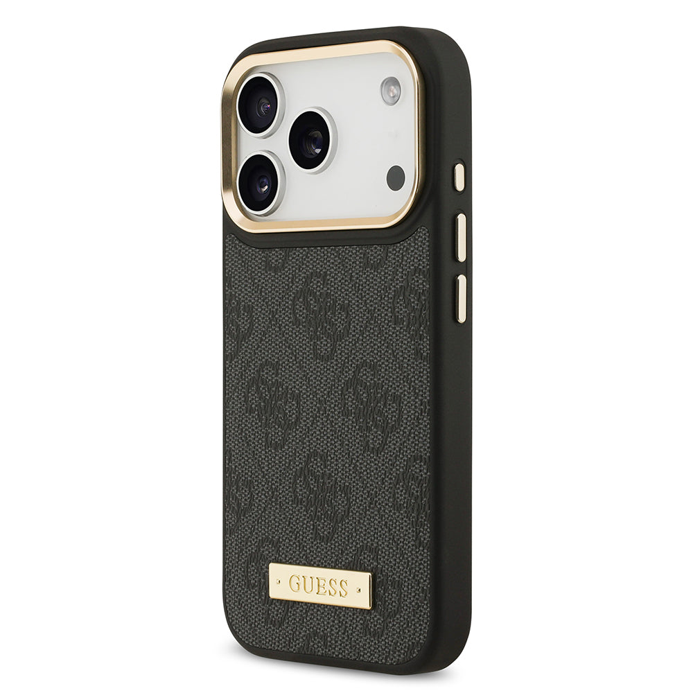 Apple iPhone 17 Pro Kılıf Guess Orjinal Lisanslı M-safe Şarj Özellikli 4G Desenli PU Metal Plaka Klasik Logolu Kapak