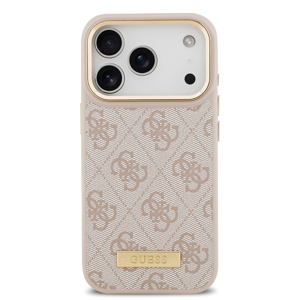 Apple iPhone 17 Pro Kılıf Guess Orjinal Lisanslı M-safe Şarj Özellikli 4G Desenli PU Metal Plaka Klasik Logolu Kapak