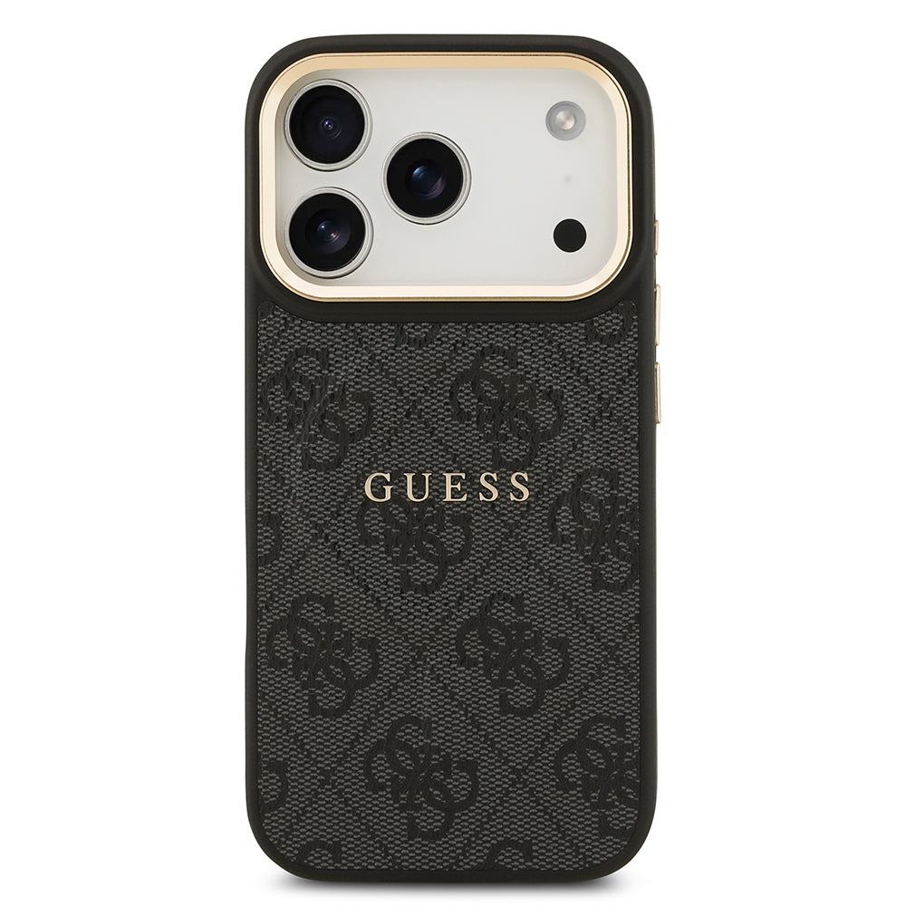 Apple iPhone 17 Pro Kılıf Guess Orjinal Lisanslı M-safe Şarj Özellikli Gold Metal Kamera Çerçeveli PU Deri 4G Desenli Yazı Logolu Kapak