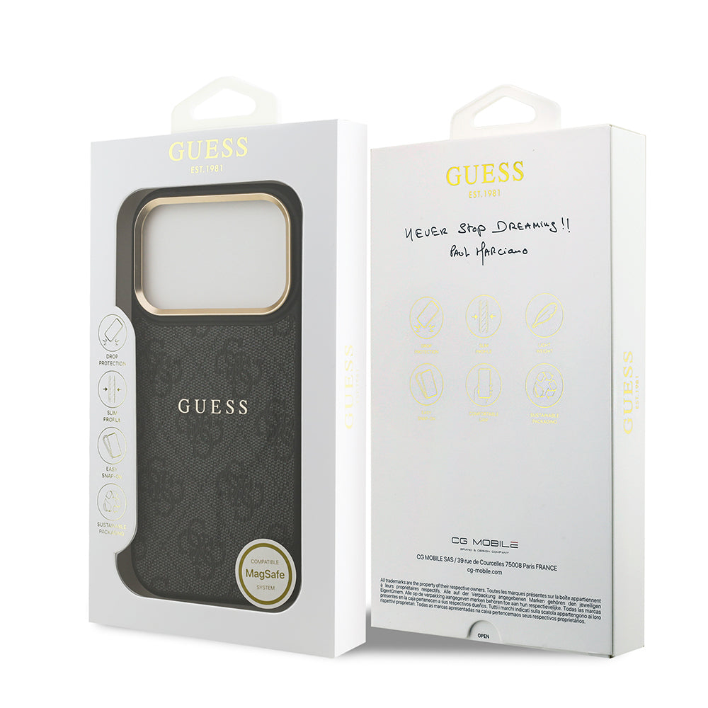 Apple iPhone 17 Pro Kılıf Guess Orjinal Lisanslı M-safe Şarj Özellikli Gold Metal Kamera Çerçeveli PU Deri 4G Desenli Yazı Logolu Kapak