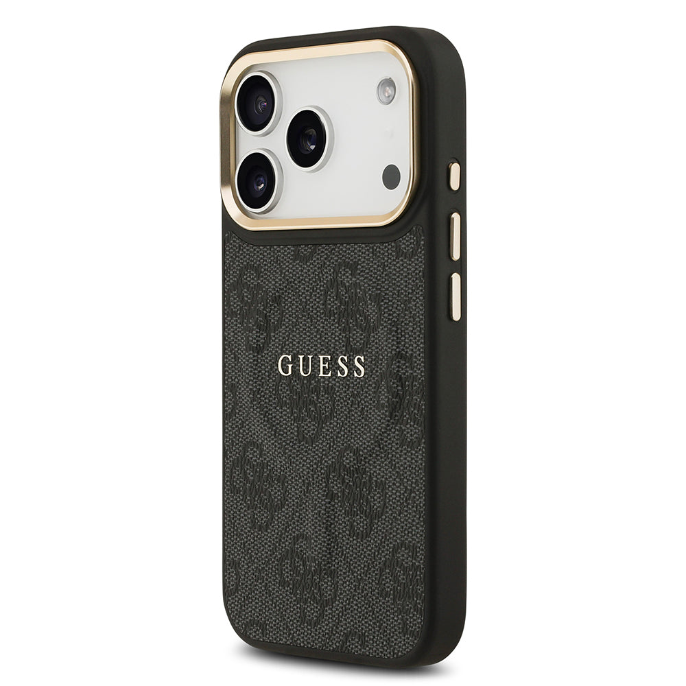 Apple iPhone 17 Pro Kılıf Guess Orjinal Lisanslı M-safe Şarj Özellikli Gold Metal Kamera Çerçeveli PU Deri 4G Desenli Yazı Logolu Kapak