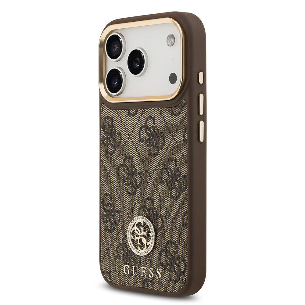 Apple iPhone 17 Pro Kılıf Guess Orjinal Lisanslı M-safe Şarj Özellikli Gold Metal Kamera Çerçeveli Taşlı 4G Logolu Kapak
