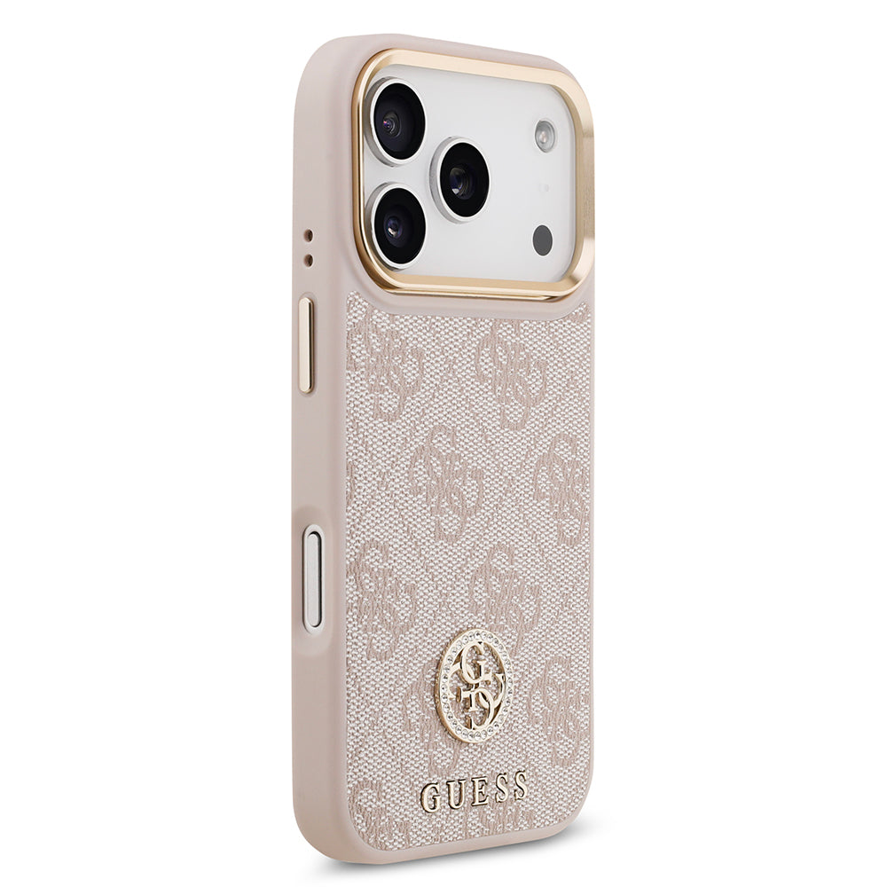 Apple iPhone 17 Pro Kılıf Guess Orjinal Lisanslı M-safe Şarj Özellikli Gold Metal Kamera Çerçeveli Taşlı 4G Logolu Kapak