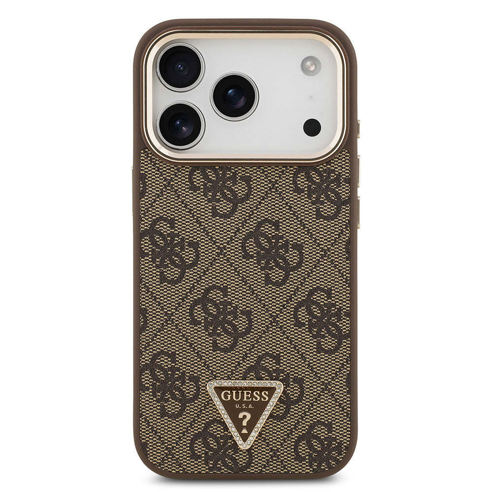 Apple iPhone 17 Pro Kılıf Guess Orjinal Lisanslı M-safe Şarj Özellikli Gold Metal Kamera Çerçeveli Taşlı Üçgen Logo 4G Desenli Kapak