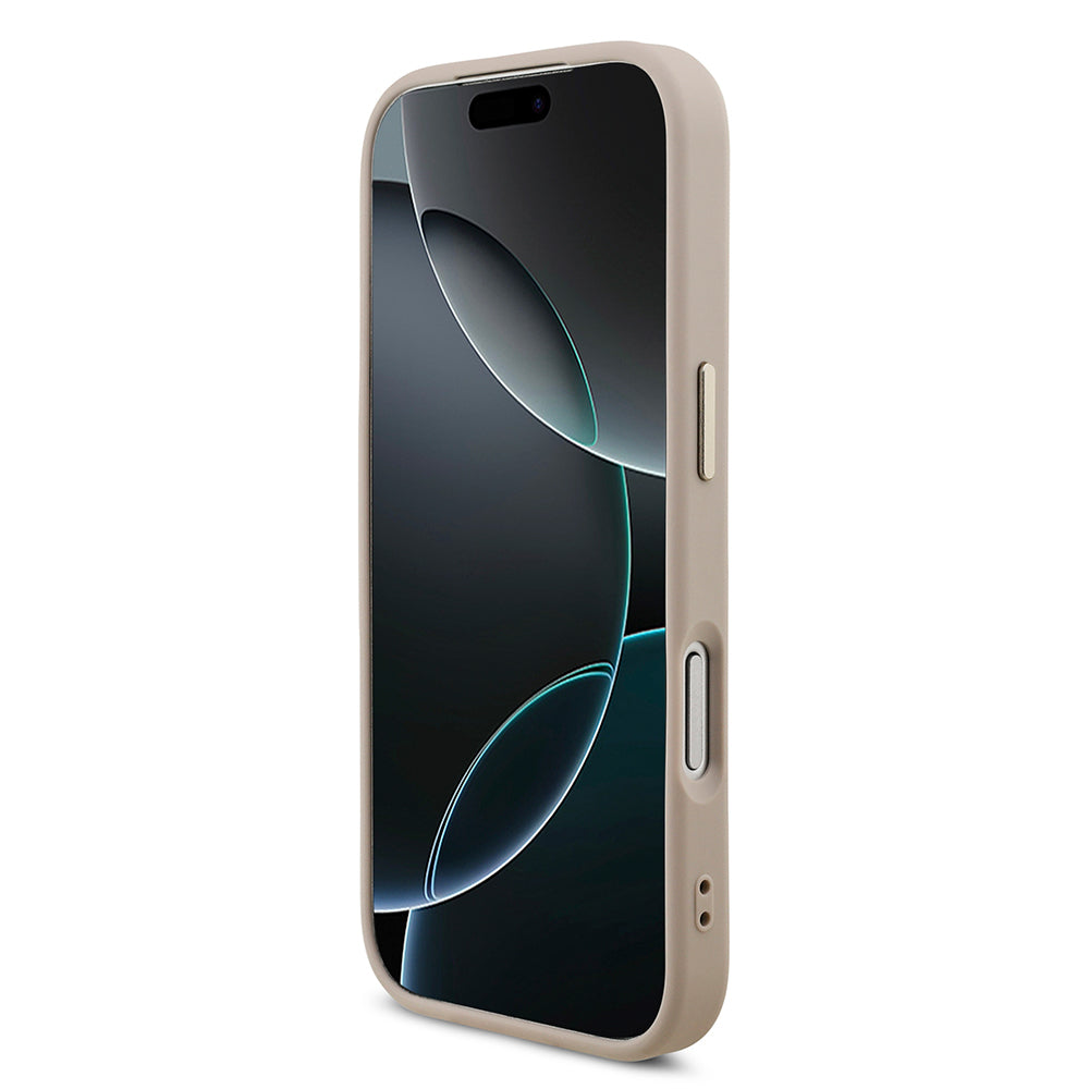 Apple iPhone 17 Pro Kılıf Guess Orjinal Lisanslı M-safe Şarj Özellikli Gold Metal Kamera Çerçeveli Taşlı Üçgen Logo 4G Desenli Kapak