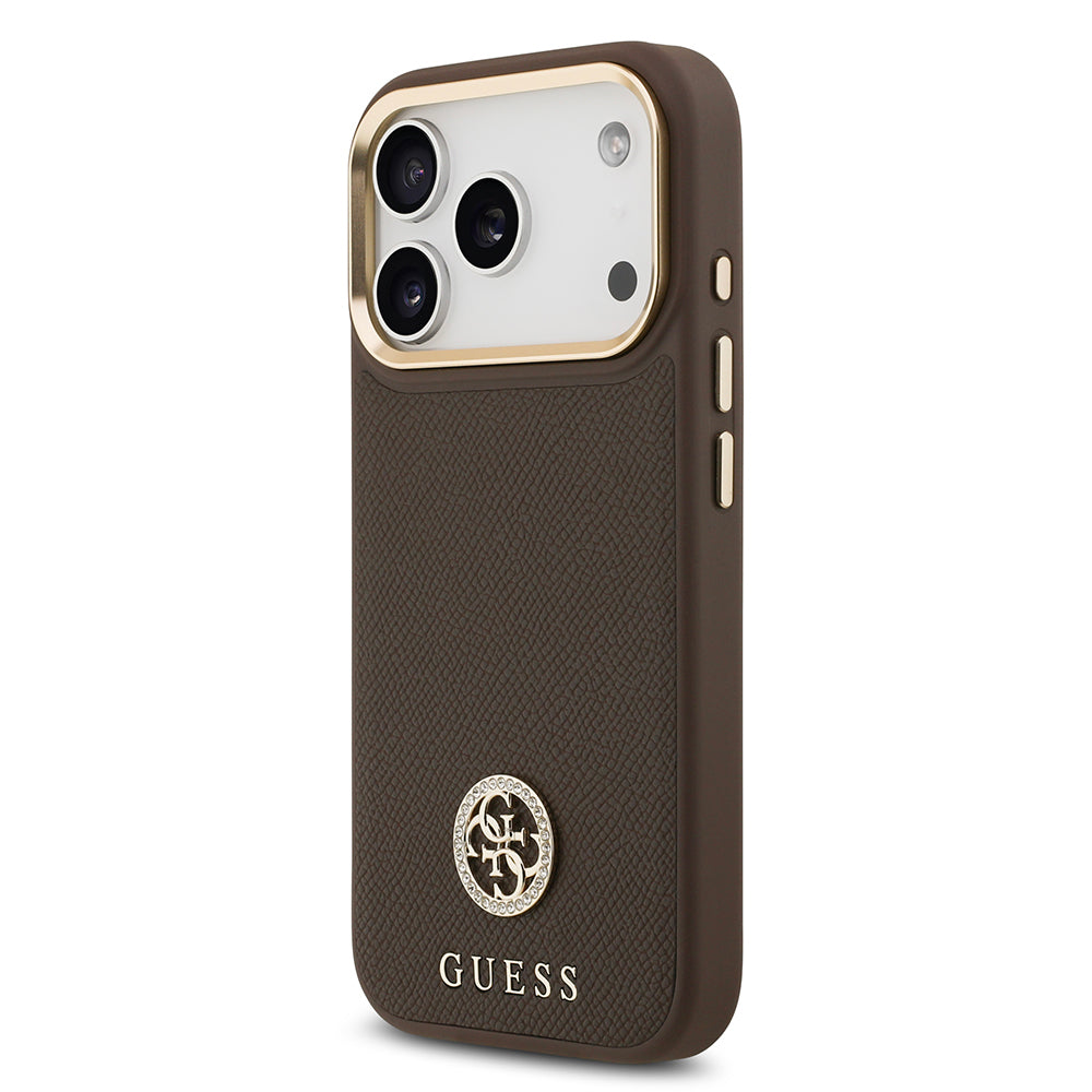 Apple iPhone 17 Pro Kılıf Guess Orjinal Lisanslı M-safe Şarj Özellikli Grained Yazı ve Taşlı 4G Logolu Kapak