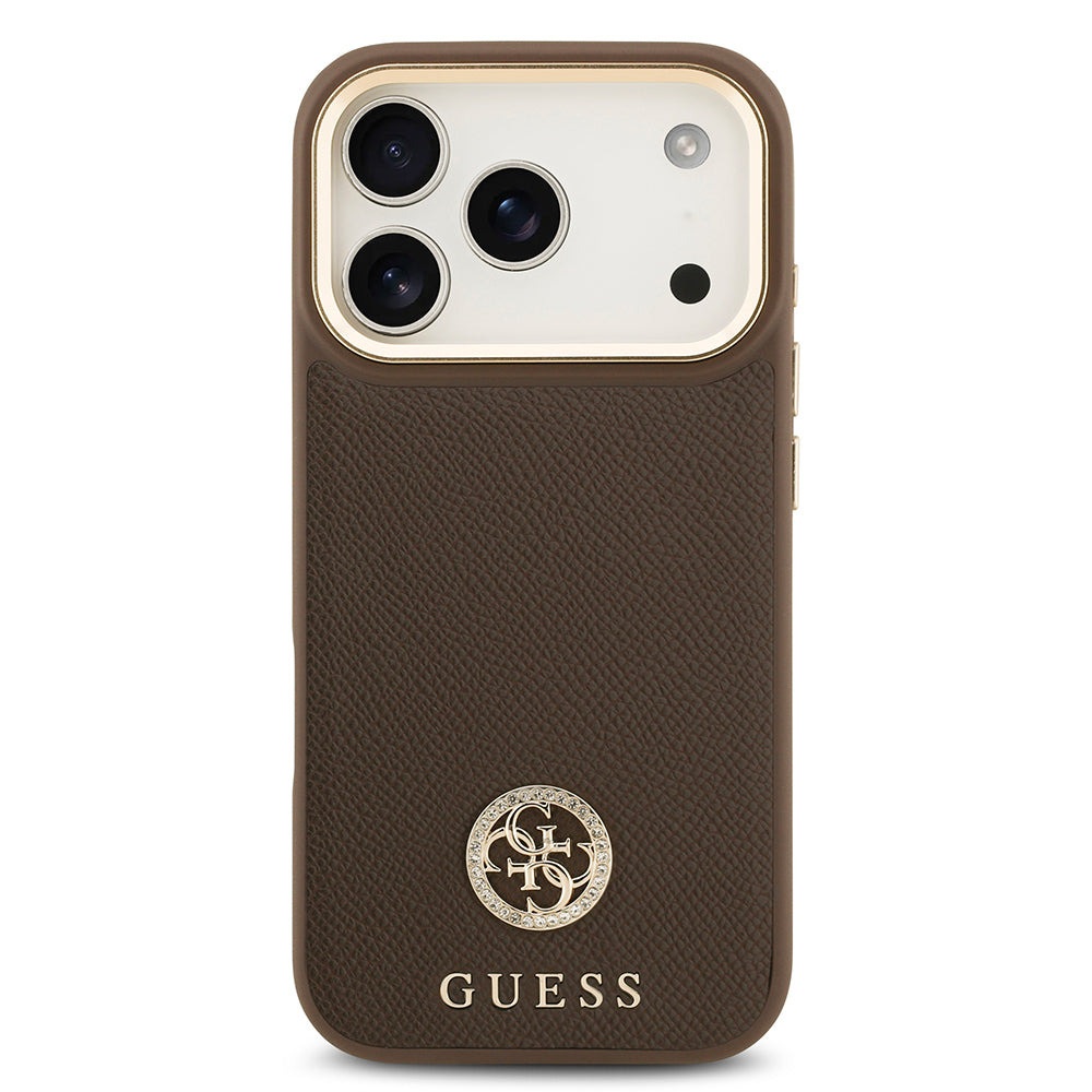 Apple iPhone 17 Pro Kılıf Guess Orjinal Lisanslı M-safe Şarj Özellikli Grained Yazı ve Taşlı 4G Logolu Kapak