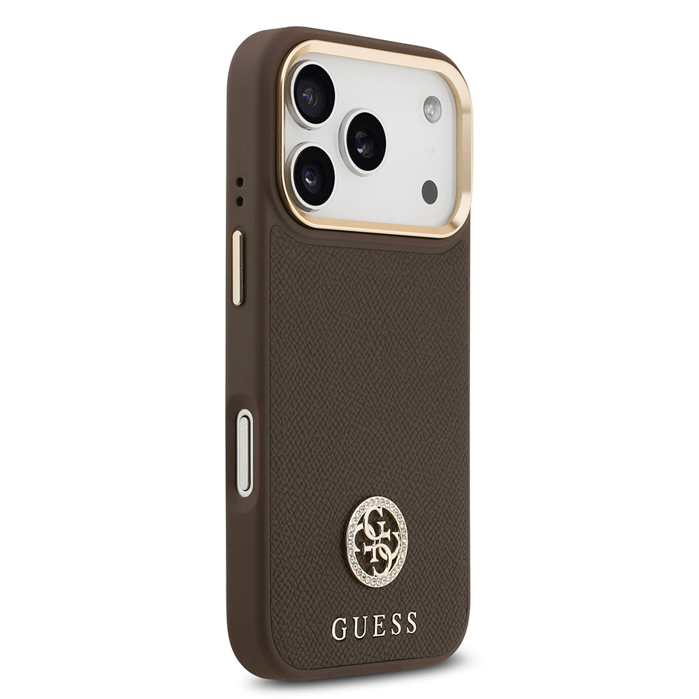 Apple iPhone 17 Pro Kılıf Guess Orjinal Lisanslı M-safe Şarj Özellikli Grained Yazı ve Taşlı 4G Logolu Kapak