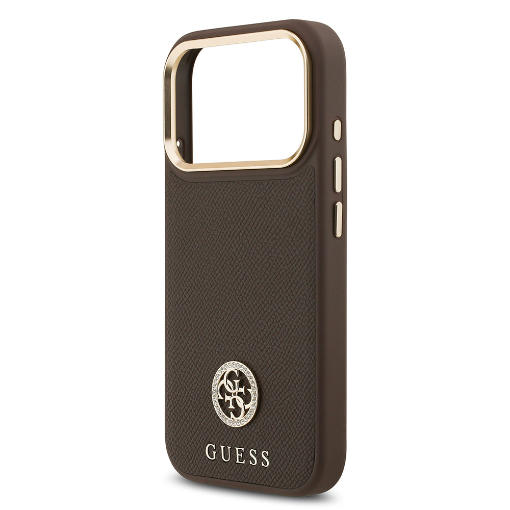 Apple iPhone 17 Pro Kılıf Guess Orjinal Lisanslı M-safe Şarj Özellikli Grained Yazı ve Taşlı 4G Logolu Kapak