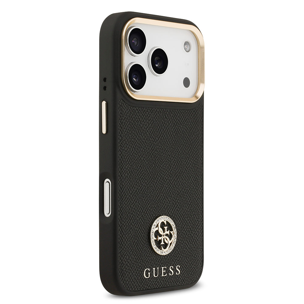 Apple iPhone 17 Pro Kılıf Guess Orjinal Lisanslı M-safe Şarj Özellikli Grained Yazı ve Taşlı 4G Logolu Kapak