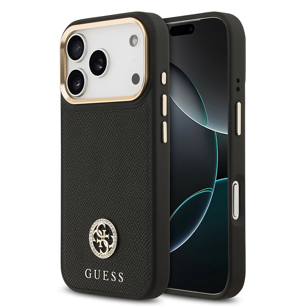 Apple iPhone 17 Pro Kılıf Guess Orjinal Lisanslı M-safe Şarj Özellikli Grained Yazı ve Taşlı 4G Logolu Kapak