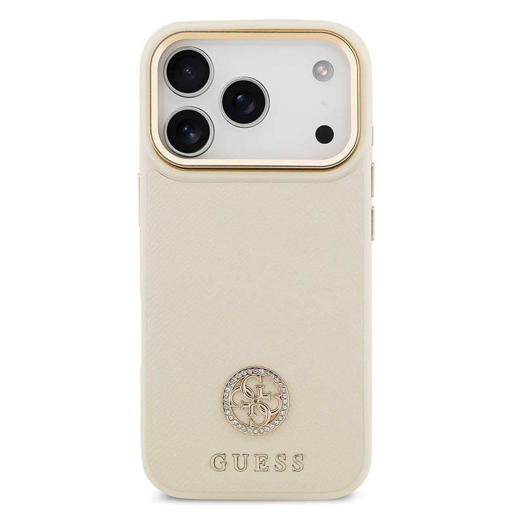 Apple iPhone 17 Pro Kılıf Guess Orjinal Lisanslı M-safe Şarj Özellikli Grained Yazı ve Taşlı 4G Logolu Kapak