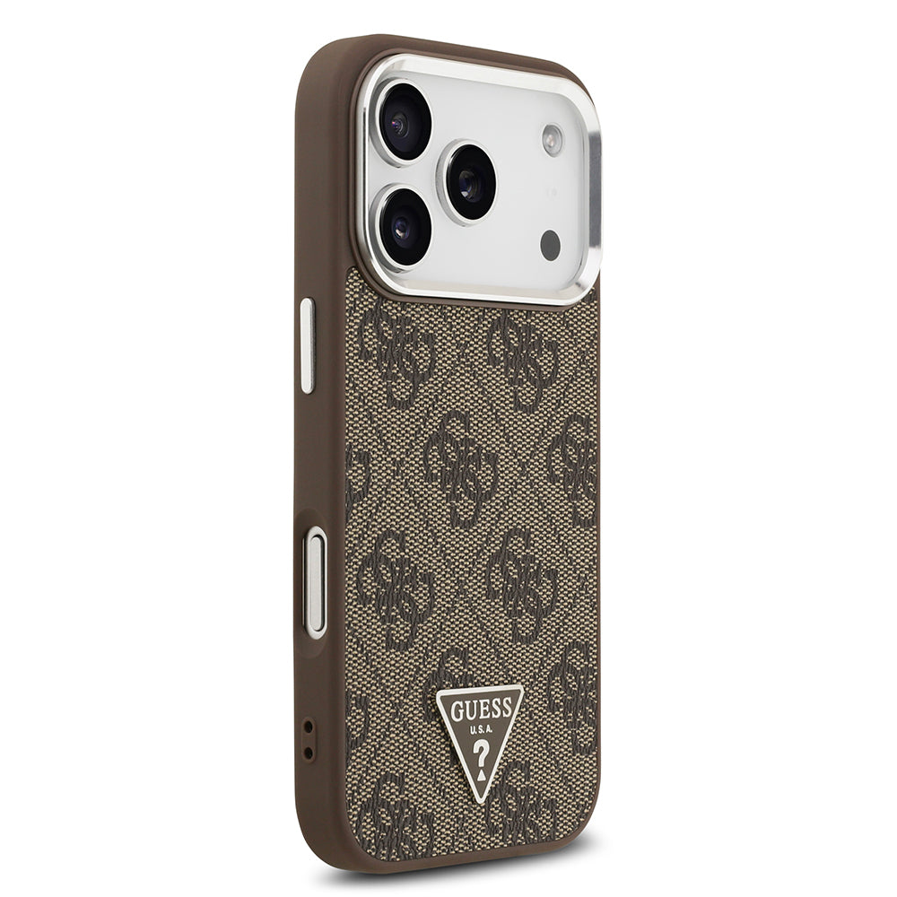 Apple iPhone 17 Pro Kılıf Guess Orjinal Lisanslı M-safe Şarj Özellikli Gümüş Metal Kamera Çerçeveli Üçgen Logo 4G Desenli Kapak