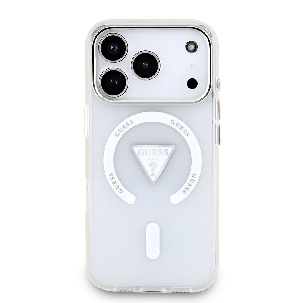 Apple iPhone 17 Pro Kılıf Guess Orjinal Lisanslı M-safe Şarj Özellikli IML Baskılı Üçgen Logolu Metal Kamera Çerçeveli Kapak