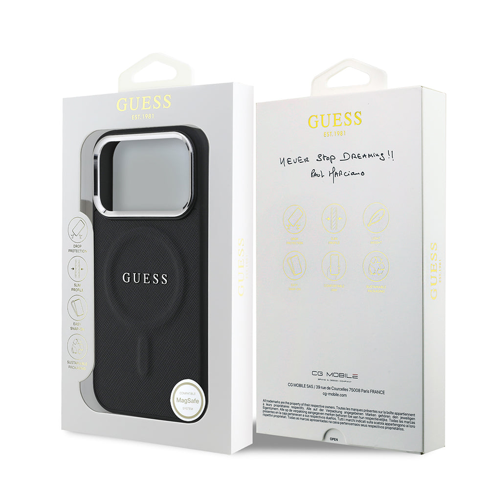 Apple iPhone 17 Pro Kılıf Guess Orjinal Lisanslı M-safe Şarj Özellikli Klasik Yazı Logolu PU Deri Kapak