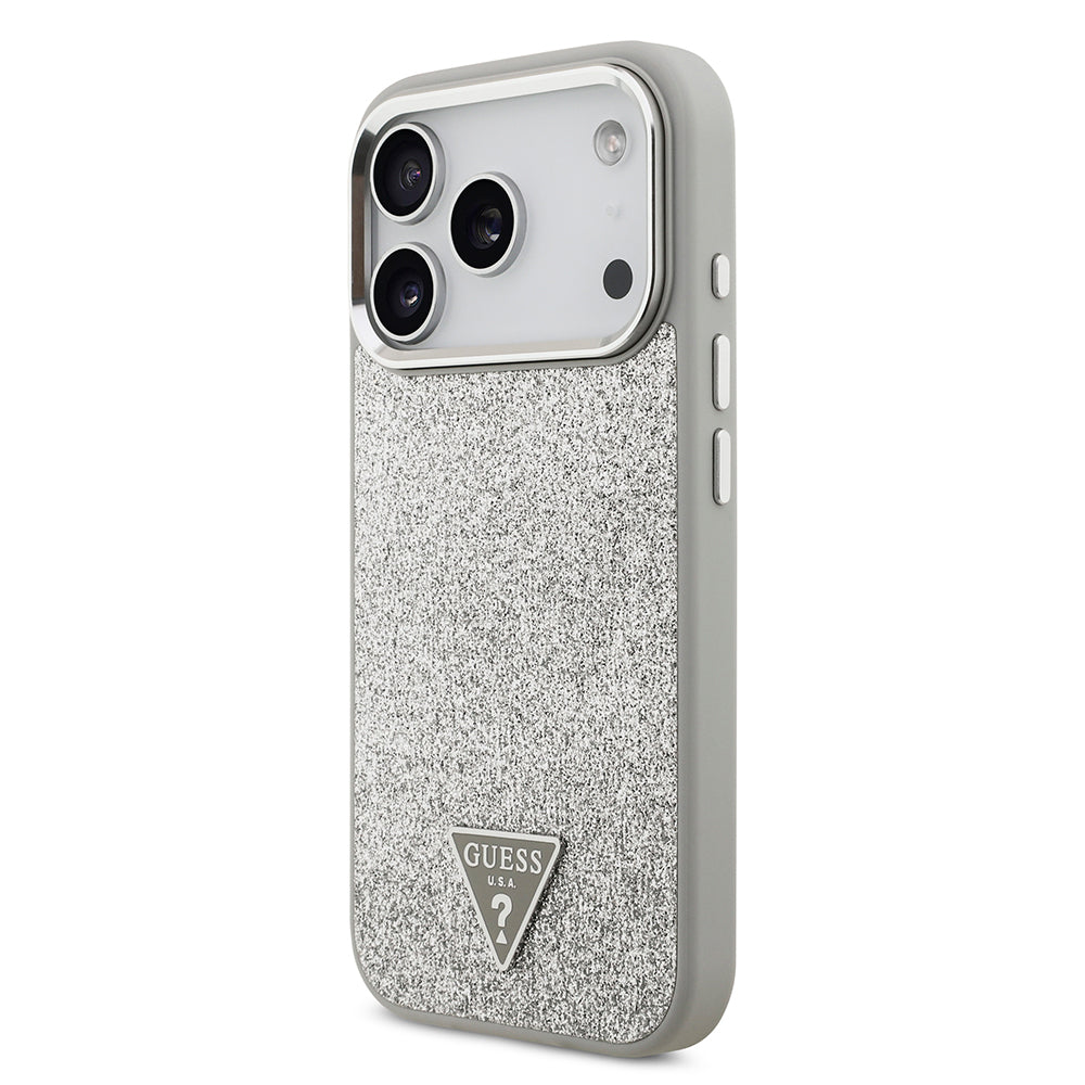Apple iPhone 17 Pro Kılıf Guess Orjinal Lisanslı M-safe Şarj Özellikli Metal Kamera Çerçeveli Üçgen Logolu Glitter Kapak