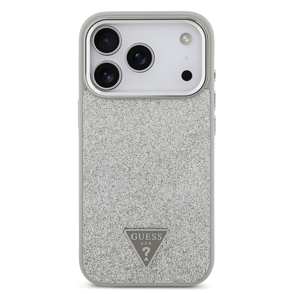 Apple iPhone 17 Pro Kılıf Guess Orjinal Lisanslı M-safe Şarj Özellikli Metal Kamera Çerçeveli Üçgen Logolu Glitter Kapak