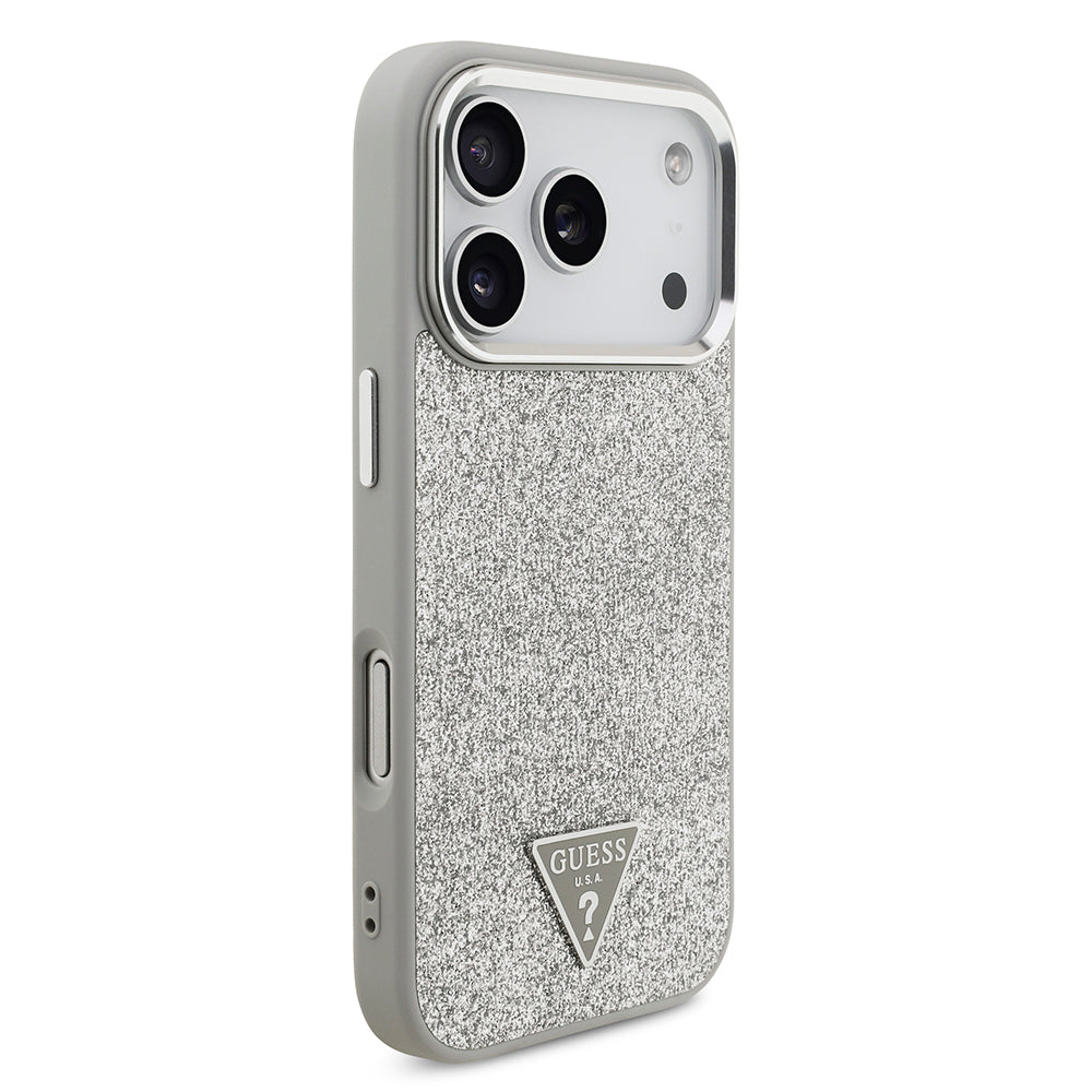 Apple iPhone 17 Pro Kılıf Guess Orjinal Lisanslı M-safe Şarj Özellikli Metal Kamera Çerçeveli Üçgen Logolu Glitter Kapak