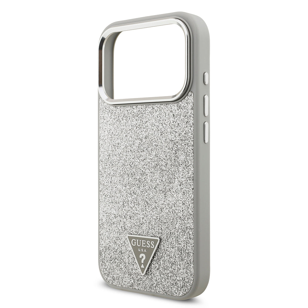 Apple iPhone 17 Pro Kılıf Guess Orjinal Lisanslı M-safe Şarj Özellikli Metal Kamera Çerçeveli Üçgen Logolu Glitter Kapak