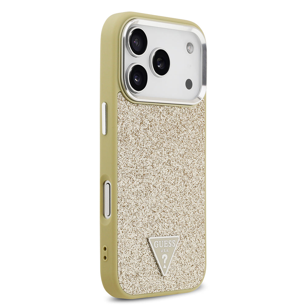 Apple iPhone 17 Pro Kılıf Guess Orjinal Lisanslı M-safe Şarj Özellikli Metal Kamera Çerçeveli Üçgen Logolu Glitter Kapak