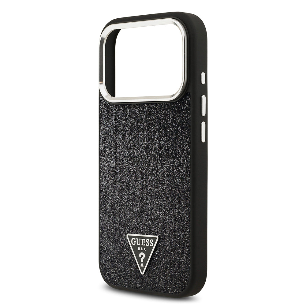 Apple iPhone 17 Pro Kılıf Guess Orjinal Lisanslı M-safe Şarj Özellikli Metal Kamera Çerçeveli Üçgen Logolu Glitter Kapak