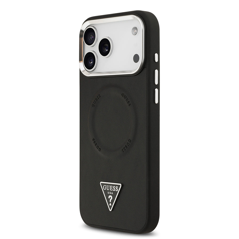 Apple iPhone 17 Pro Kılıf Guess Orjinal Lisanslı M-safe Şarj Özellikli PU Deri Metal Kamera Çerçeveli Üçgen Logolu Kapak