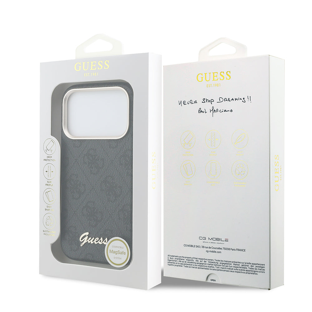 Apple iPhone 17 Pro Kılıf Guess Orjinal Lisanslı M-safe Şarj Özellikli Script Yazı Logolu 4G Desenli Kapak