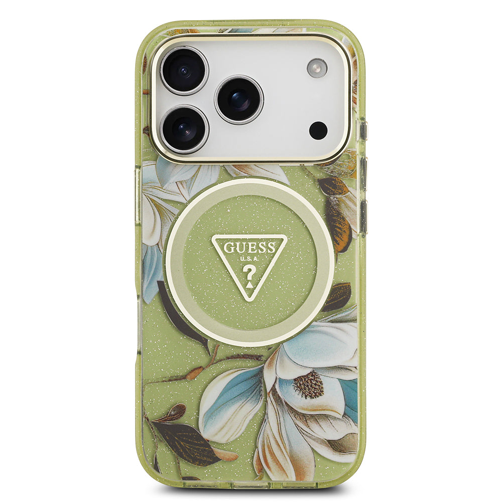 Apple iPhone 17 Pro Kılıf Guess Orjinal Lisanslı M-safe Şarj Özellikli Simli Çiçek Desenli Metal Kamera Çerçeveli Üçgen Logolu Kapak