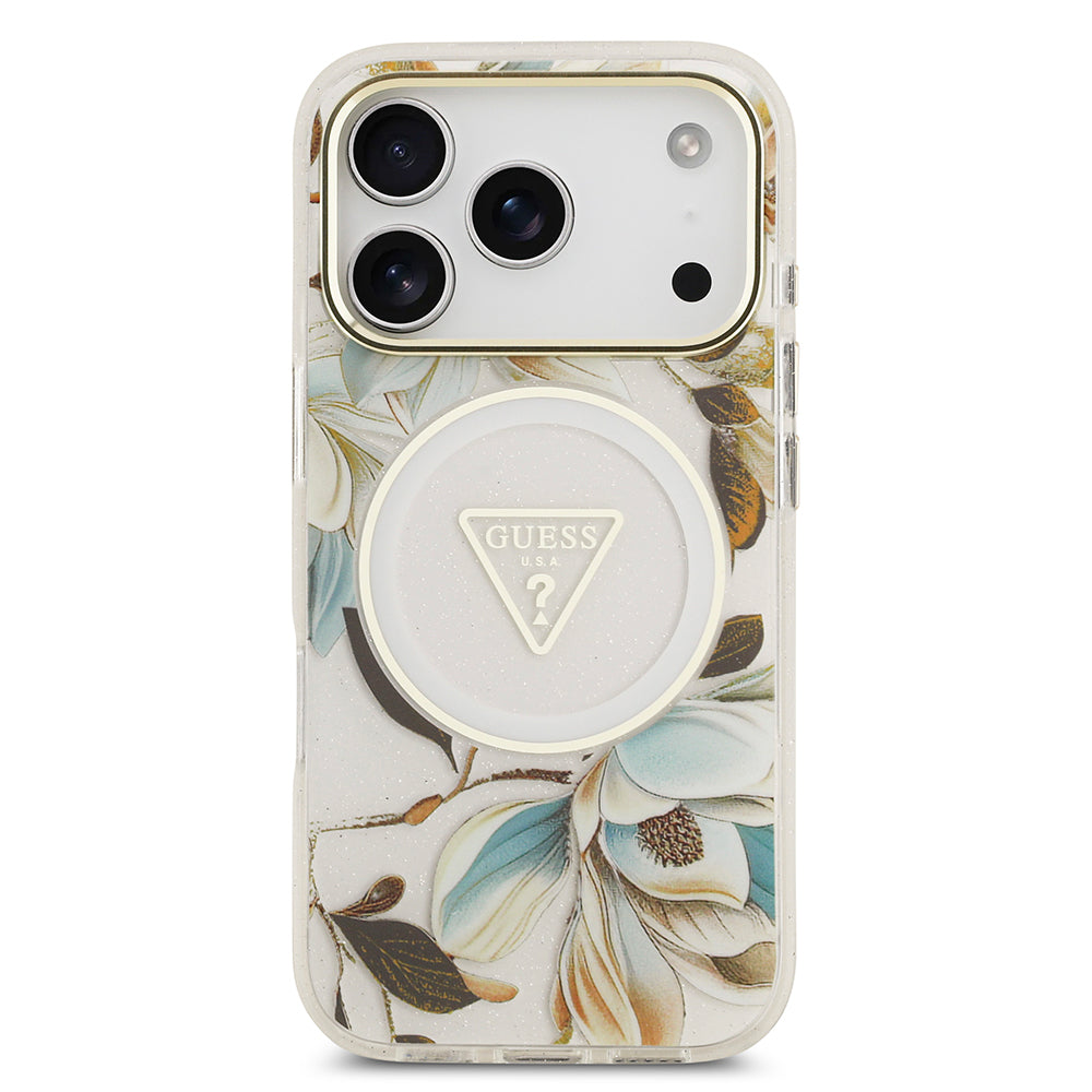 Apple iPhone 17 Pro Kılıf Guess Orjinal Lisanslı M-safe Şarj Özellikli Simli Çiçek Desenli Metal Kamera Çerçeveli Üçgen Logolu Kapak