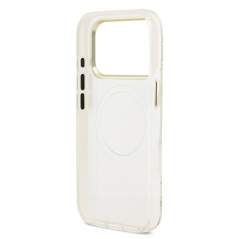 Apple iPhone 17 Pro Kılıf Guess Orjinal Lisanslı M-safe Şarj Özellikli Simli Çiçek Desenli Metal Kamera Çerçeveli Üçgen Logolu Kapak