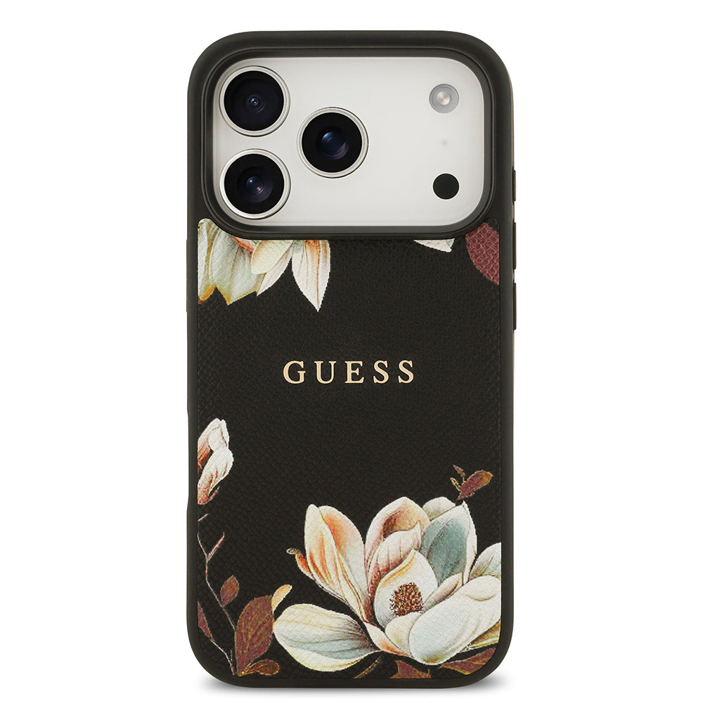 Apple iPhone 17 Pro Kılıf Guess Orjinal Lisanslı M-safe Şarj Özellikli Taneli Çiçek Tasarımlı Metal Yazı Logolu Kapak