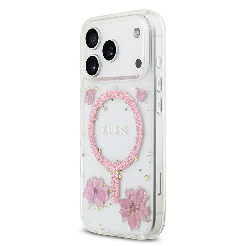 Apple iPhone 17 Pro Kılıf Guess Orjinal Lisanslı M-safe Şarj Özellikli Transparan Resin Flowers Kapak