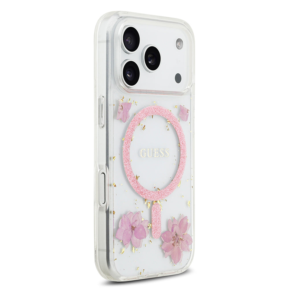 Apple iPhone 17 Pro Kılıf Guess Orjinal Lisanslı M-safe Şarj Özellikli Transparan Resin Flowers Kapak