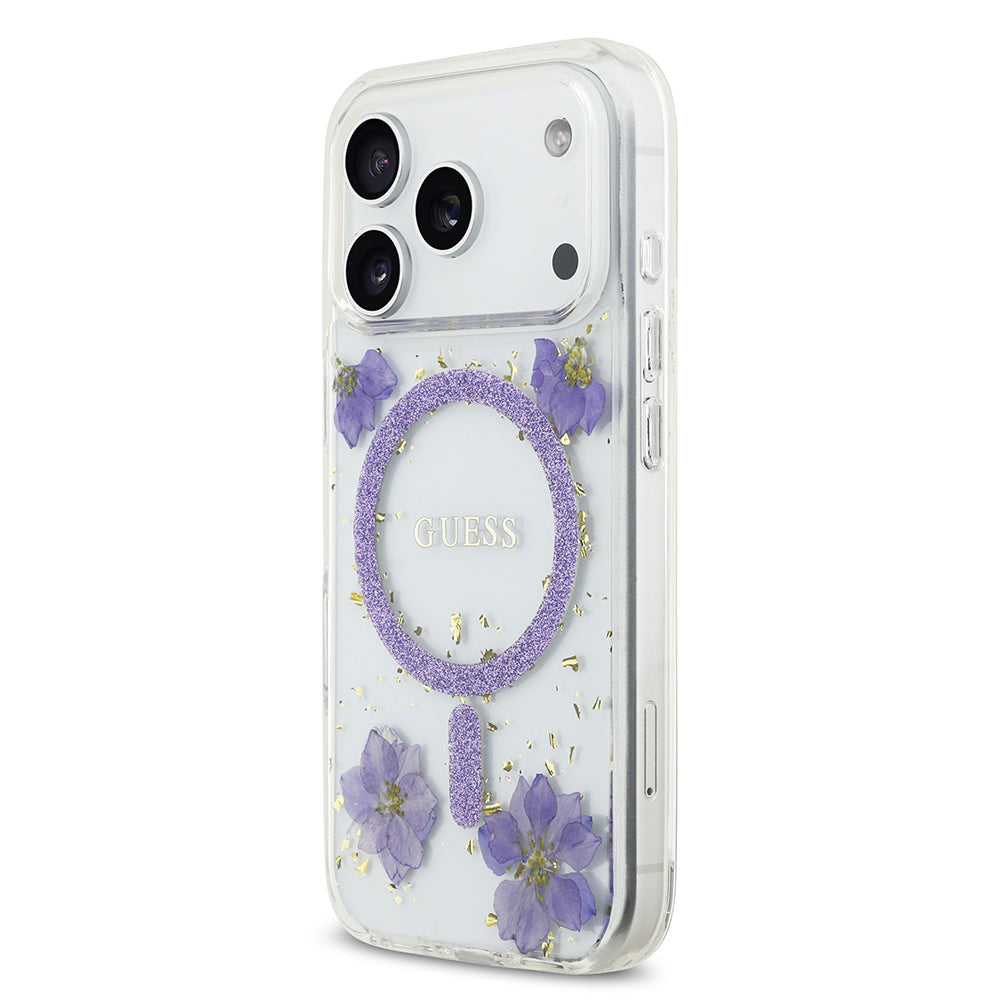 Apple iPhone 17 Pro Kılıf Guess Orjinal Lisanslı M-safe Şarj Özellikli Transparan Resin Flowers Kapak