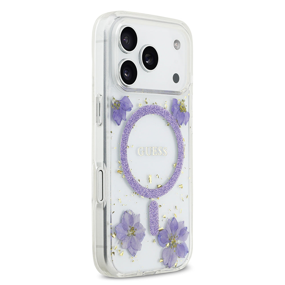 Apple iPhone 17 Pro Kılıf Guess Orjinal Lisanslı M-safe Şarj Özellikli Transparan Resin Flowers Kapak