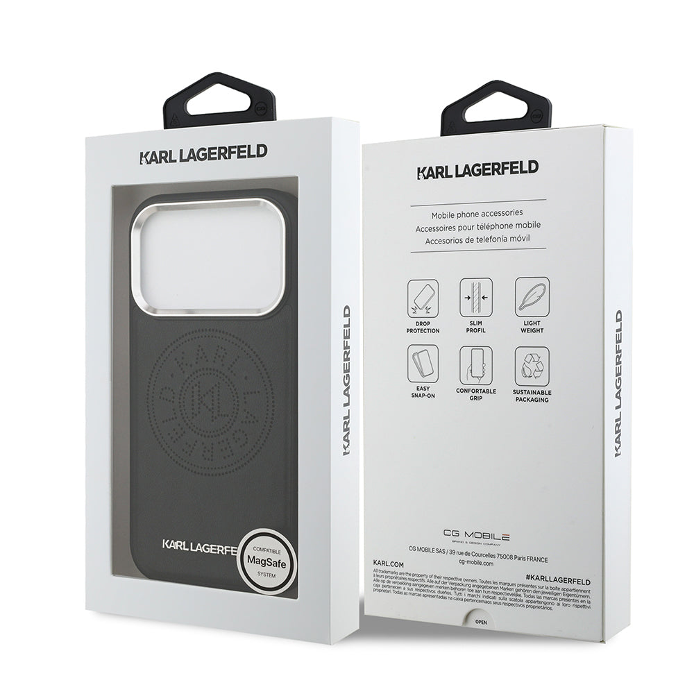 Apple iPhone 17 Pro Kılıf Karl Lagerfeld Orjinal Lisanslı M-safe Şarj Özellikli Delikli Tasarım Metal Logolu PU Deri Kapak