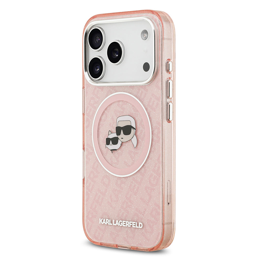 Apple iPhone 17 Pro Kılıf Karl Lagerfeld Orjinal Lisanslı Parlayan Simli Karl & Choupette Heads Kapak