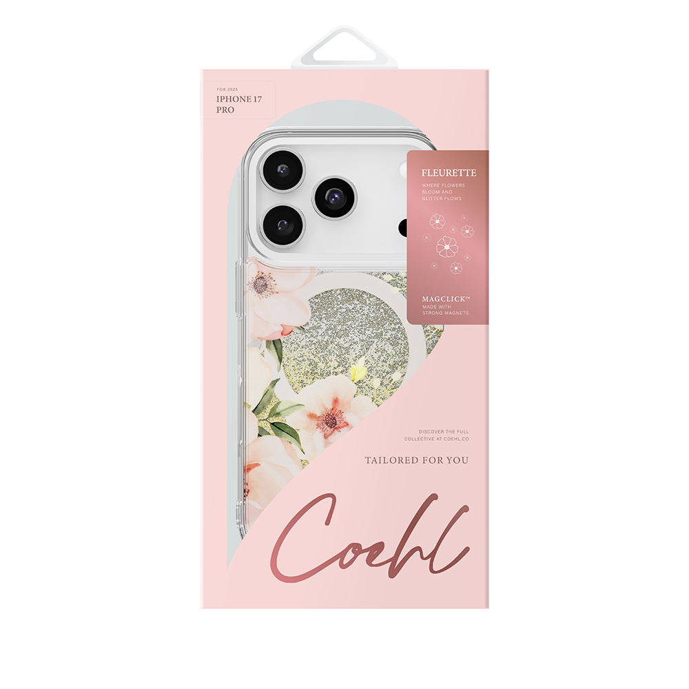 Apple iPhone 17 Pro Kılıf M-safe Şarj Özellikli Çiçek Desenli Simli Arka Yüzey Coehl Fleurette Kapak