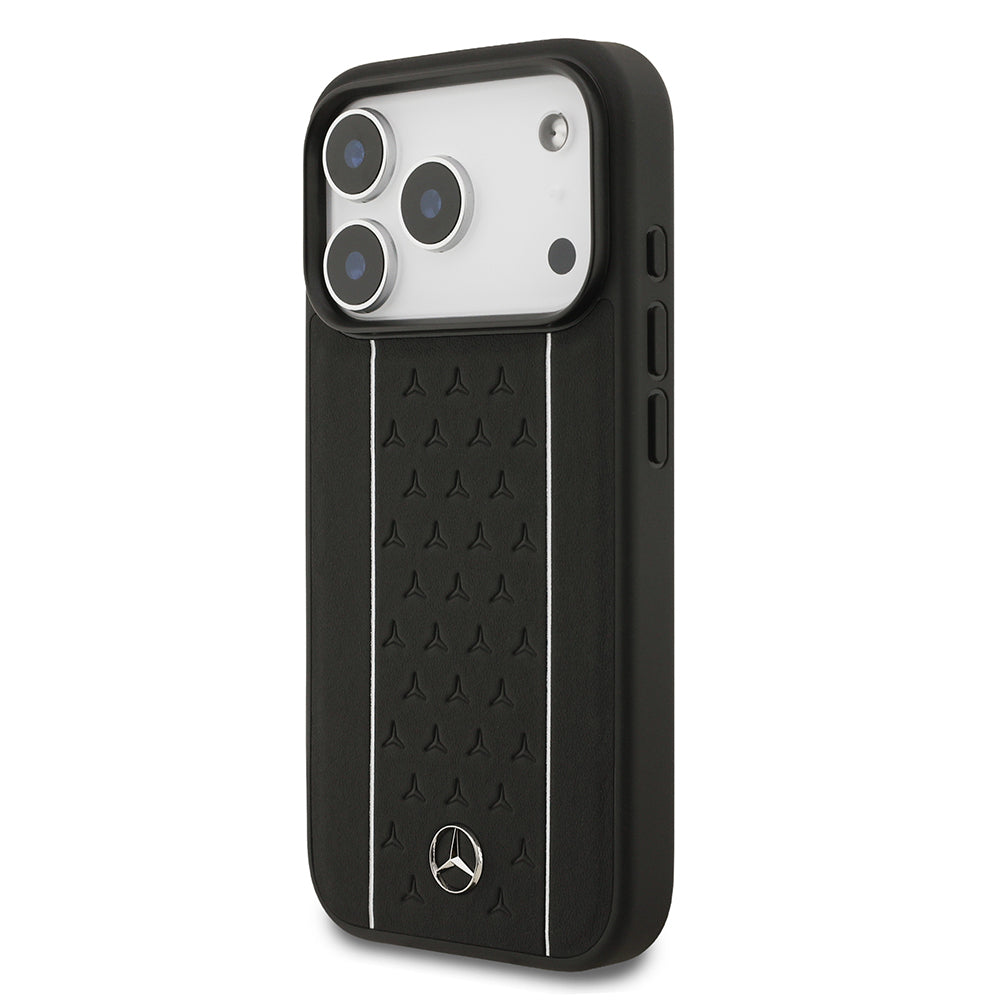 Apple iPhone 17 Pro Kılıf Mercedes Benz Orjinal Lisanslı M-safe Şarj Özellikli Şeritli Yıldız Desenli Metal Logolu Deri Kapak