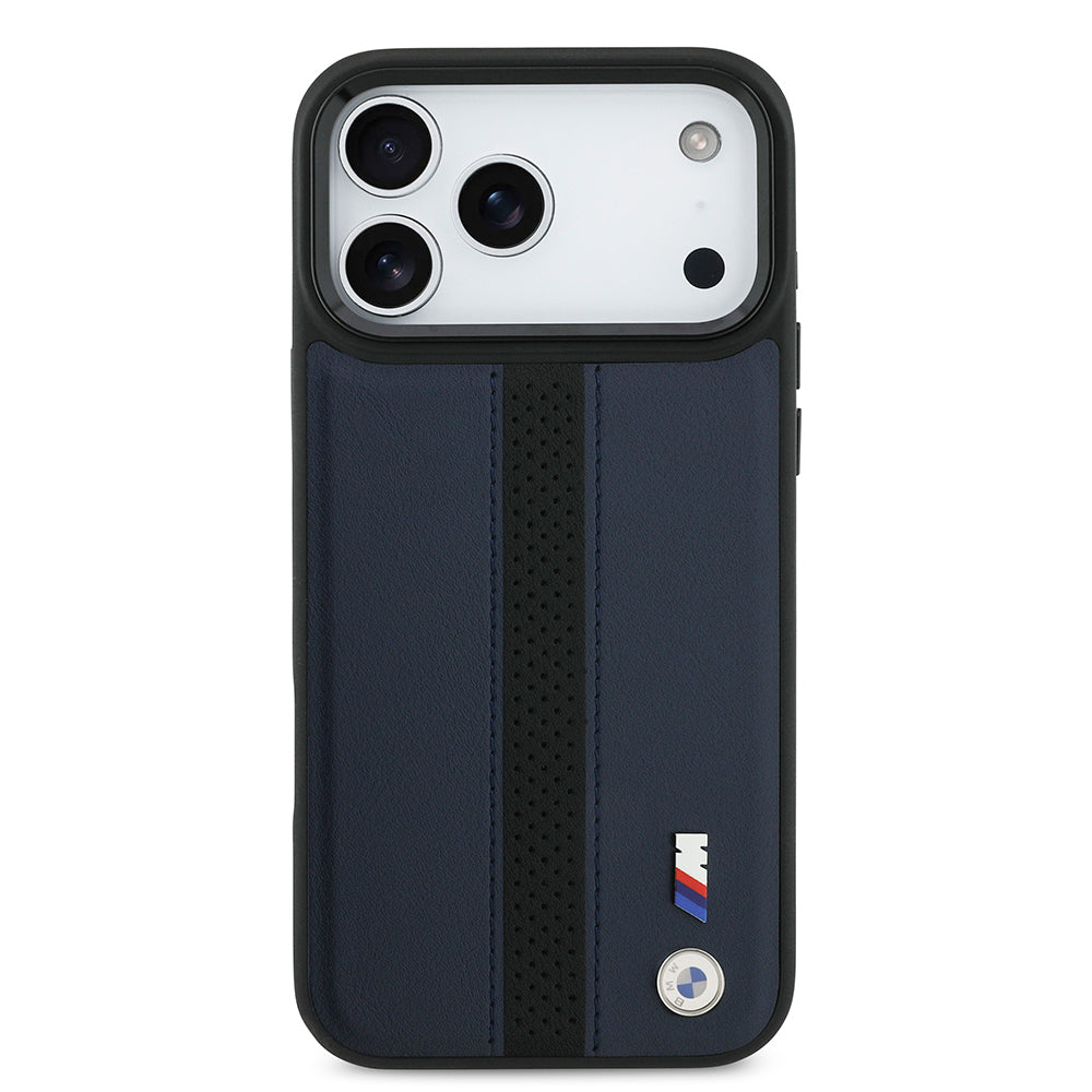 Apple iPhone 17 Pro Max Kılıf BMW Orjinal Lisanslı M-safe Şarj Özellikli Deri Arka Yüzey Metal Logolu Delikli Şerit Tasarımlı Kapak